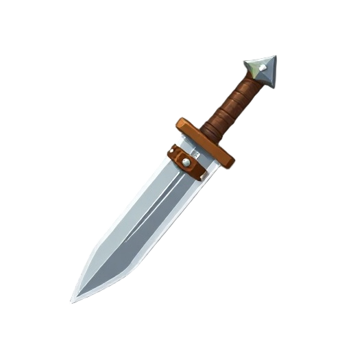 fantasy hunter dagger illustration, wood handle with leather straps, simple steel blade, isometric game icon style