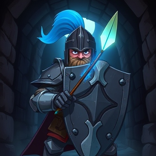 "a stalwart knight braces behind a massive, scarred tower shield in a dark dungeon corridor. a focused, blue protective aura shimmers before him, deflecting a glowing arrow mid-air. light catches the determined glint in his eyes. rendered in sea of horizo