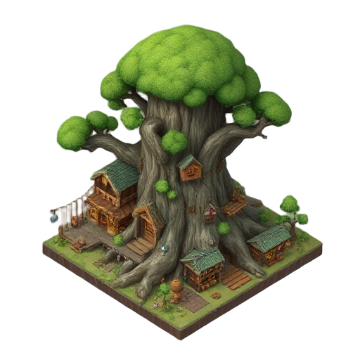 isometric view of village of the whispering woods, massive ancient tree with wooden tower built into living trunk, root foundations forming houses, rope bridges connecting platforms in branches, market stalls with hanging herbs and pelts, tavern with carv