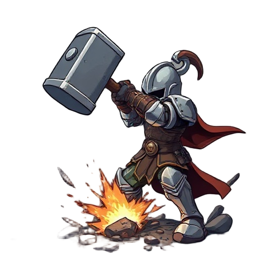 "fantasy knight executing brutal overhead hammer strike, steel warhammer radiating shockwaves, armor plates rattling, ground cracking under impact, dynamic low-angle shot, sea of horizons' painterly style with dramatic lighting and texture"