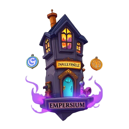 arcane item shop icon, floating slightly tilted tower defying physics, dimensional windows showing different scenes, glowing portal door, magical items floating in display cases, rotating arcane symbols around structure, pulsating purple mist, "impossible