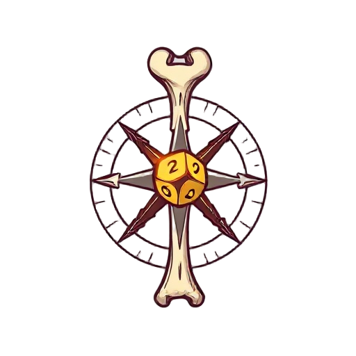 "úmero" game logo, vertical humerus bone crossed with fantasy compass, five points for biomes, glowing d6 dice at intersection, woodcut style, exploration boardgame emblem