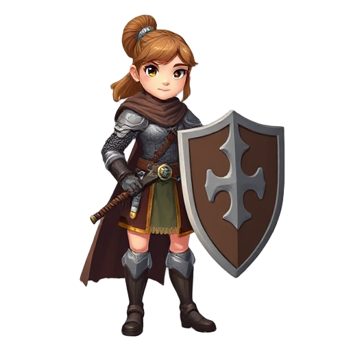 medieval female squire class for voidless.dev, apprentice to knights. in practical chainmail with leather padding, holding a sturdy heater shield and training longsword. young, determined expression. clean armor, no cape, basic heraldry. fantasy rpg conce