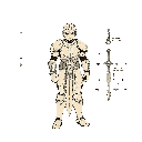 1990s computer game manual illustration style. technical drawing of warrior class equipment for voidless.dev. isometric grid background. wireframe view of armor plates with numbered callouts. cross-section of sword showing "void energy" core. diagram arro