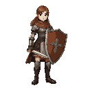 medieval female squire class for voidless.dev, apprentice to knights. in practical chainmail with leather padding, holding a sturdy heater shield and training longsword. young, determined expression. clean armor, no cape, basic heraldry. fantasy rpg conce