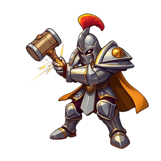 "dynamic fantasy card illustration, warrior in full plate armor executing powerful downward hammer strike, golden impact shockwaves radiating from point of impact, armor details with steel and bronze accents, heroic lighting from above, action moment capt
