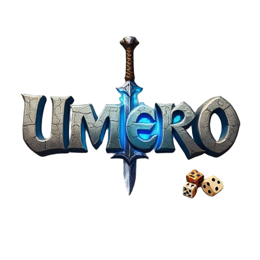 fantasy mmorpg logo "úmero", epic serif font with dramatic shadows and highlights, stone carving texture with cracks and weathering, magical blue glow emanating from inside letters, surrounded by fantasy elements: ancient sword, leather map scroll, and d6