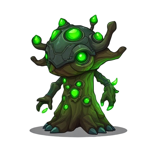 "tree guardian carapace, petrified wood and living iron, tree bark texture, glowing green runes"