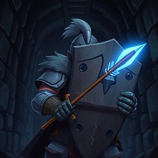 "a stalwart knight braces behind a massive, scarred tower shield in a dark dungeon corridor. a focused, blue protective aura shimmers before him, deflecting a glowing arrow mid-air. light catches the determined glint in his eyes. rendered in sea of horizo