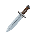fantasy hunter dagger illustration, wood handle with leather straps, simple steel blade, isometric game icon style