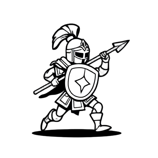 "warrior charging forward with spear, motion lines, fantasy knight, minimalist design, black and white icon"