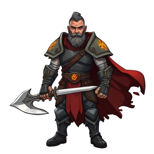 concept art of a human warrior class for a boardgame rpg (voidless.dev). a scarred, determined human male in practical, battle-worn plate armor with prominent pauldrons etched with glowing amber runes. tattered crimson cape billowing in the wind. he holds