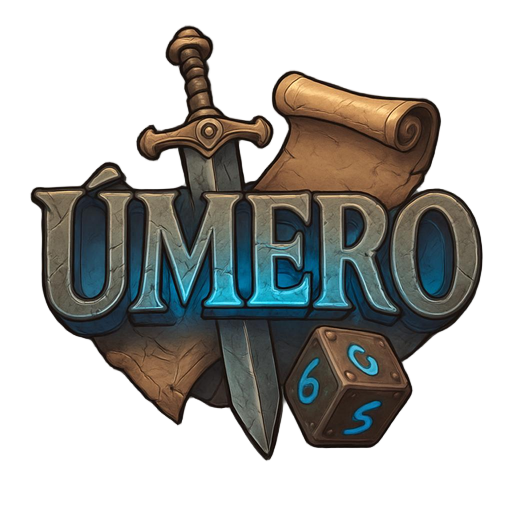 fantasy mmorpg logo "úmero", epic serif font with dramatic shadows and highlights, stone carving texture with cracks and weathering, magical blue glow emanating from inside letters, surrounded by fantasy elements: ancient sword, leather map scroll, and d6