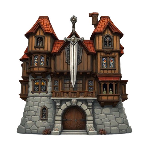 adventurer's guild building exterior, massive accumulated architecture with stone base, wooden middle structure, copper-roofed towers, colossal sword-and-quill emblem forged into facade, mismatched windows (arrow slits to stained glass), double-arch entra
