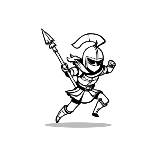 "warrior charging forward with spear, motion lines, fantasy knight, minimalist design, black and white icon"