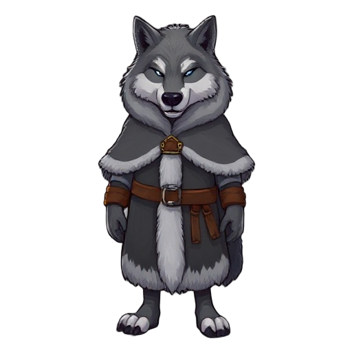 "winter wolf cloak, complete gray wolf pelt with head attached, leather clasp, fur texture detailed"