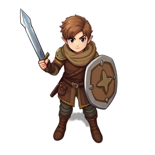 "rpg warrior, initial class.  young human fighter in leather armor, simple sword and shield. brave but novice expression. just like characters in final fantasy tactics