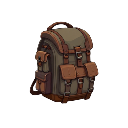 "traveling merchant's pack, large backpack with organized compartments, leather reinforcements"