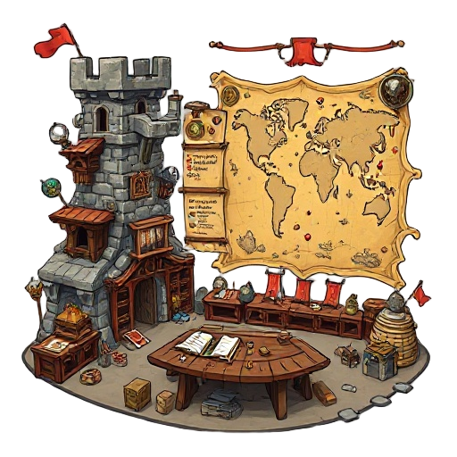 adventurer's guild icon, chaotically accumulated architecture (stone tower with wooden additions), massive quest board covering entire wall, giant world map with pin markers, disorderly trophies (monster heads, torn banners), meeting area with scarred tab