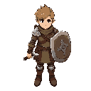 "rpg warrior, initial class.  young human fighter in leather armor, simple sword and shield. brave but novice expression. just like characters in final fantasy tactics
