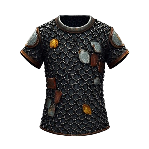 "patched chainmail shirt, visible patches of different metals, some rust"