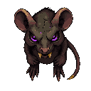 voidless sewer rat enemy.  brown/gray fur, patchy skin. glowing purple void-eyes & cracks. yellow fangs, boney tail-tip. aggressive pose.  dirty moss/green accents.