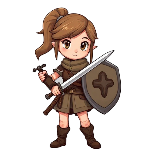 "rpg warrior, initial class.  young human female fighter in leather armor, simple sword and shield. brave but novice expression. just like characters in final fantasy tactics