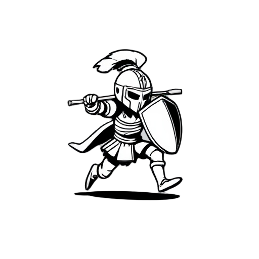 "warrior charging forward with spear, motion lines, fantasy knight, minimalist design, black and white icon"