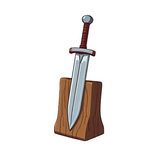 "crude gladius, iron blade set into wooden block as guard, primitive, on white"