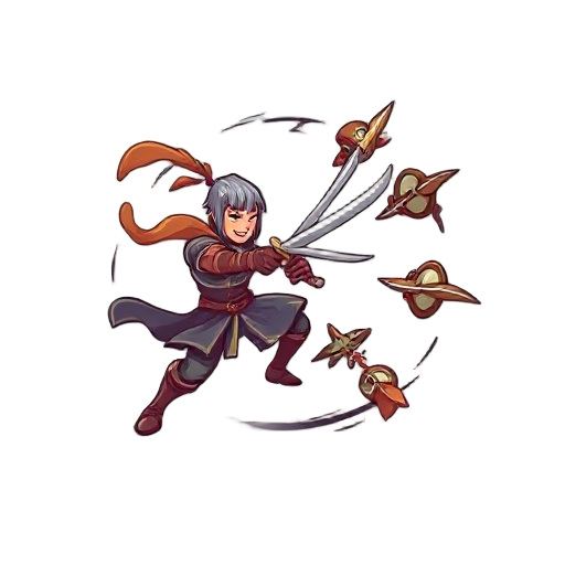 "warrior spinning with sword, circular motion effect, hitting multiple targets, fantasy combat icon, clean lines"