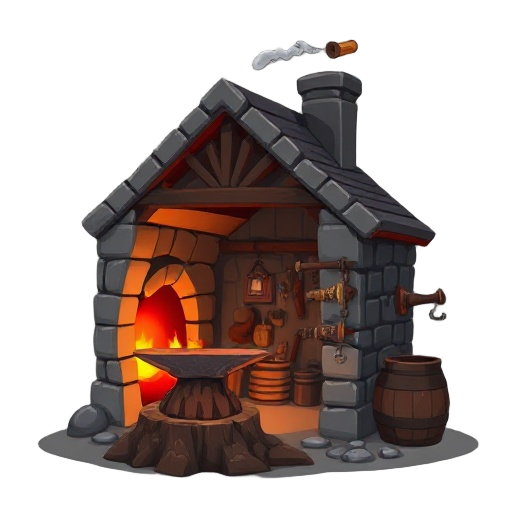 fantasy blacksmith icon, stone forge building with open side, glowing red forge visible, massive anvil on tree stump, chimney spewing sparks, unfinished weapons on racks, water barrel for tempering, hammer hooks, soot-blackened walls, functional workshop