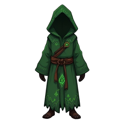 "druid apprentice robe, green forest-toned fabric, glowing rune embroidery, hood"