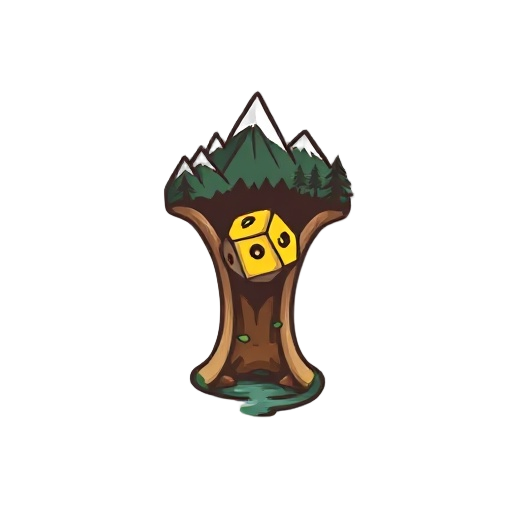 game logo icon for fantasy exploration rpg "úmero", stylized humerus bone that transforms into landscape: top becomes mountains, middle sprouts forest, bottom dissolves into swamp, glowing six-sided dice carved in bone center, clean emblem design, woodcut