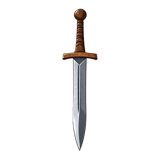 "generate an image of a crude gladius with a thick iron blade set into a rough, unfinished wooden hilt and guard. looks heavy and poorly balanced, on white background."