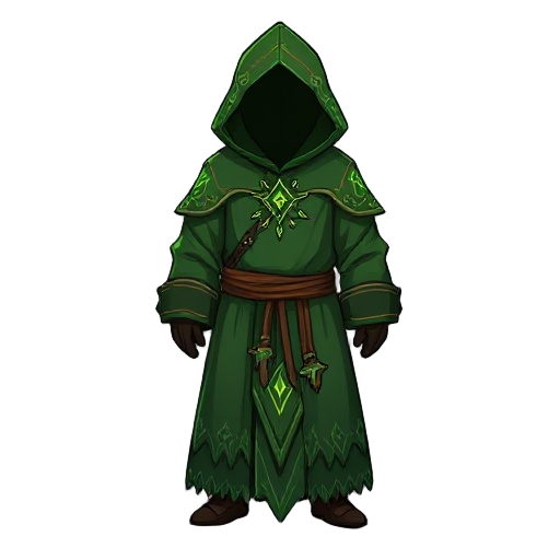 "druid apprentice robe, green forest-toned fabric, glowing rune embroidery, hood"