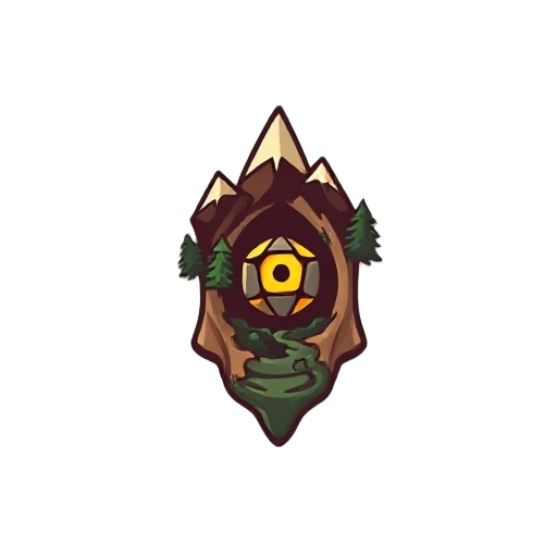 game logo icon for fantasy exploration rpg "úmero", stylized humerus bone that transforms into landscape: top becomes mountains, middle sprouts forest, bottom dissolves into swamp, glowing six-sided dice carved in bone center, clean emblem design, woodcut
