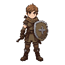 "rpg warrior, initial class.  young human fighter in leather armor, simple sword and shield. brave but novice expression. just like characters in final fantasy tactics