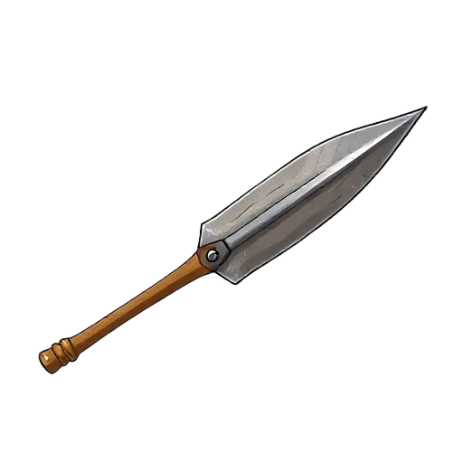"generate an image of a simple hunting spear with a worn, blunt iron spearhead riveted to a wooden shaft. the wood is stained and has minor cracks, on white background."