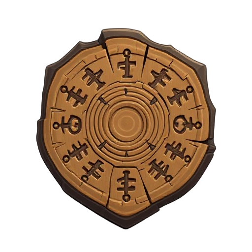 "carved trunk shield, single slice of ancient tree, protective runes carved into surface"
