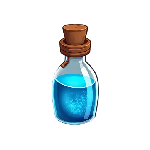 "weak mana potion, blue shimmering liquid in crystal vial, cork with wax seal"
