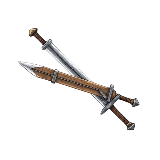 "claymore sword made of wood with iron strap reinforcements, huge and crude, on white"