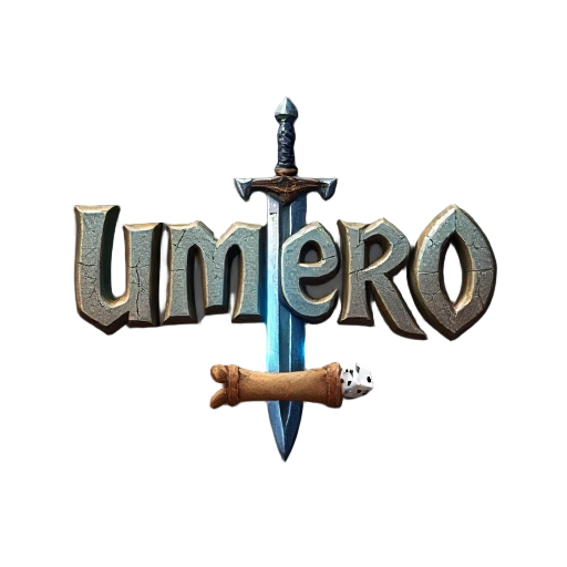 fantasy mmorpg logo "úmero", epic serif font with dramatic shadows and highlights, stone carving texture with cracks and weathering, magical blue glow emanating from inside letters, surrounded by fantasy elements: ancient sword, leather map scroll, and d6