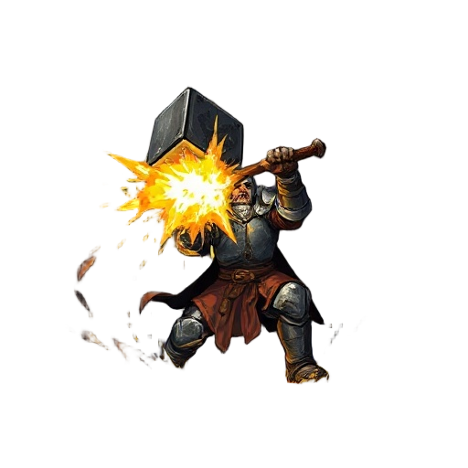 "dramatic low-angle shot of a grizzled knight delivering a devastating overhead hammer blow. thick, textured brushstrokes. the warhammer is a blur of motion, impacting with a burst of crushing yellow energy and visible shockwaves. stone floor cracks benea