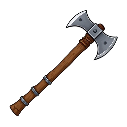 "generate an image of a war axe where the axe head is loosely fitted onto the haft, with visible gaps. the haft is reinforced with uneven metal bands, on white background."