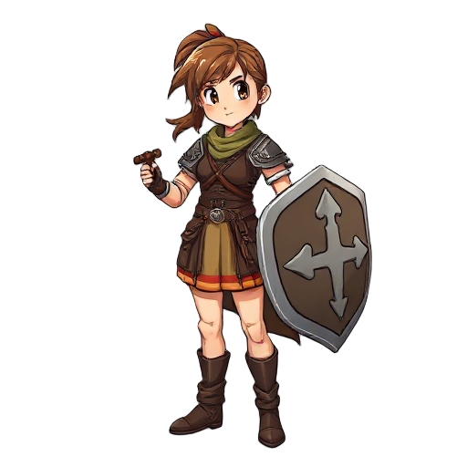 "rpg warrior, initial class.  young human female fighter in leather armor, simple sword and shield. brave but novice expression. just like characters in final fantasy tactics