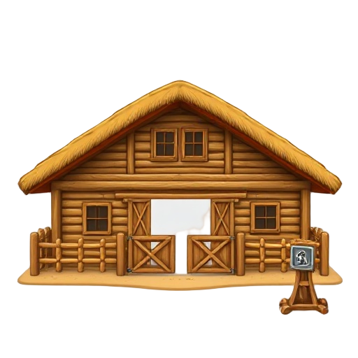 stable building icon, long low wooden structure with thick thatched roof curving like sleeping animals, double gates wide enough for mounted riders, high narrow windows for ventilation, adjacent exercise pen with wooden fence, hay storage annex visible, e