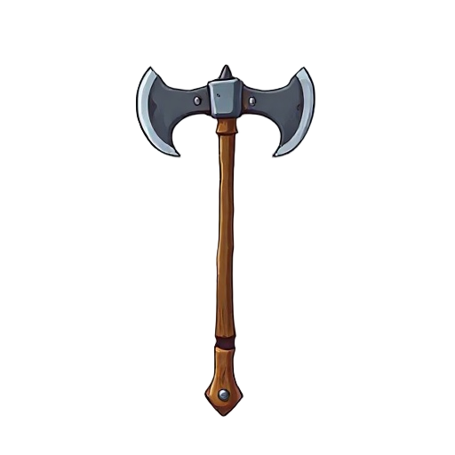 "generate an image of a poorly made double-headed axe. the two small axe heads are welded crookedly onto a central metal staff. the welds look brittle, on white background."