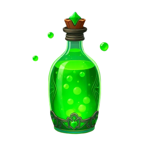 "forest healing potion, green glowing liquid with floating particles, ornate glass bottle"