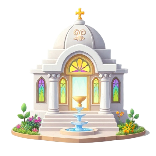 healing temple icon, serene marble/stone architecture, gentle dome with healing symbol (open hand/chalice), colored stained glass windows, medicinal herb gardens in geometric patterns, healing fountain/spring, soft glowing light from within, peaceful sanc