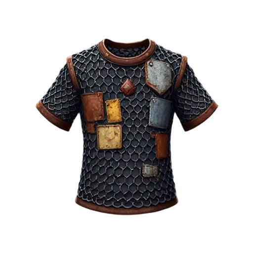 "patched chainmail shirt, visible patches of different metals, some rust"